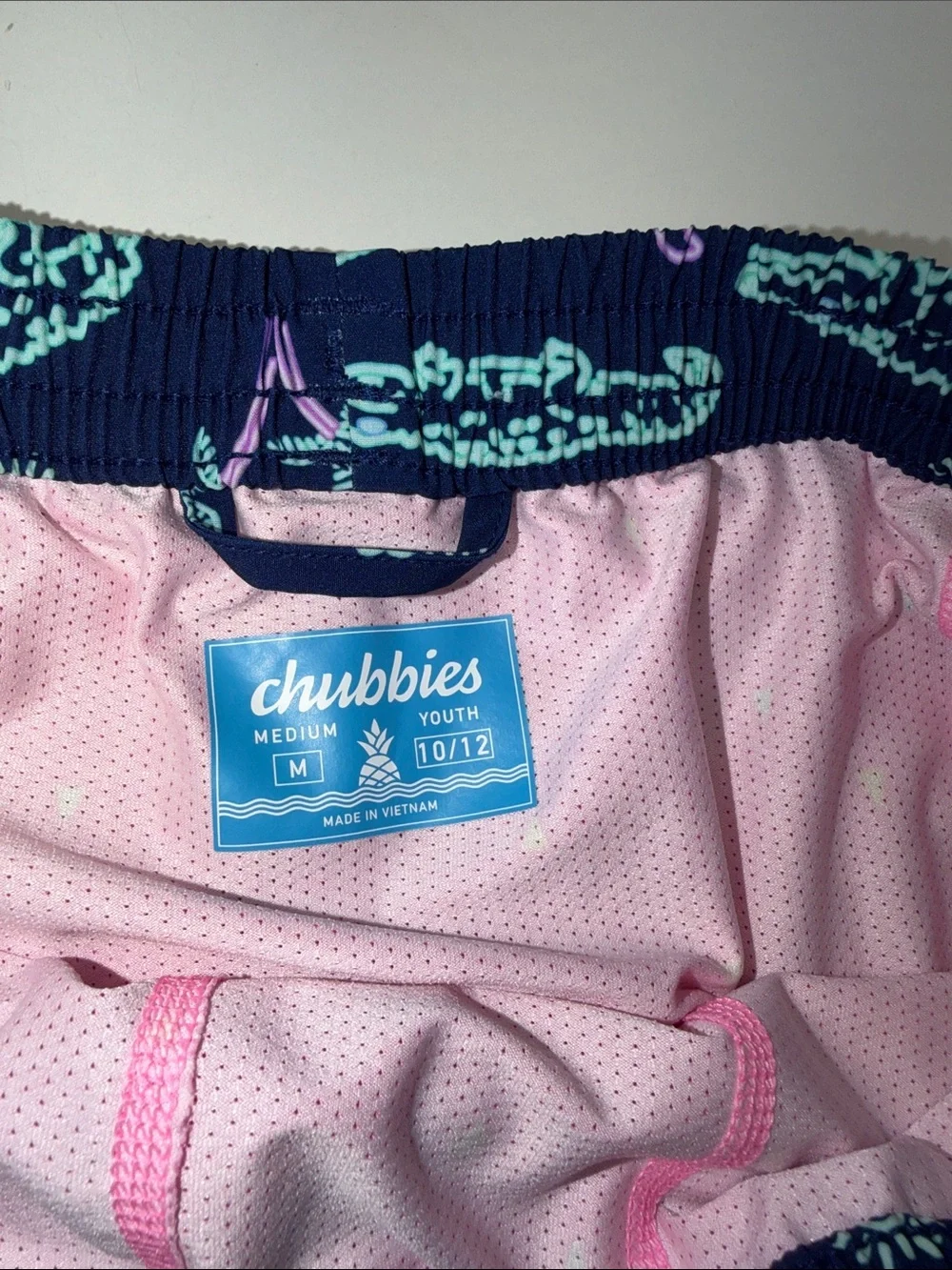 Boy's Chubbies Navy Swim Trunks with Mint & Pink Crocodile Print